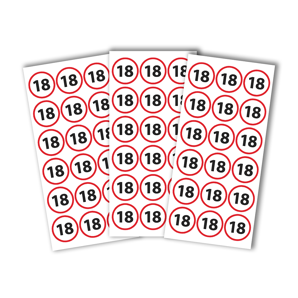 54 Stk. Aufkleber "18 Jahre", Geburtstag, Verkehrsschild, rund 3 cm