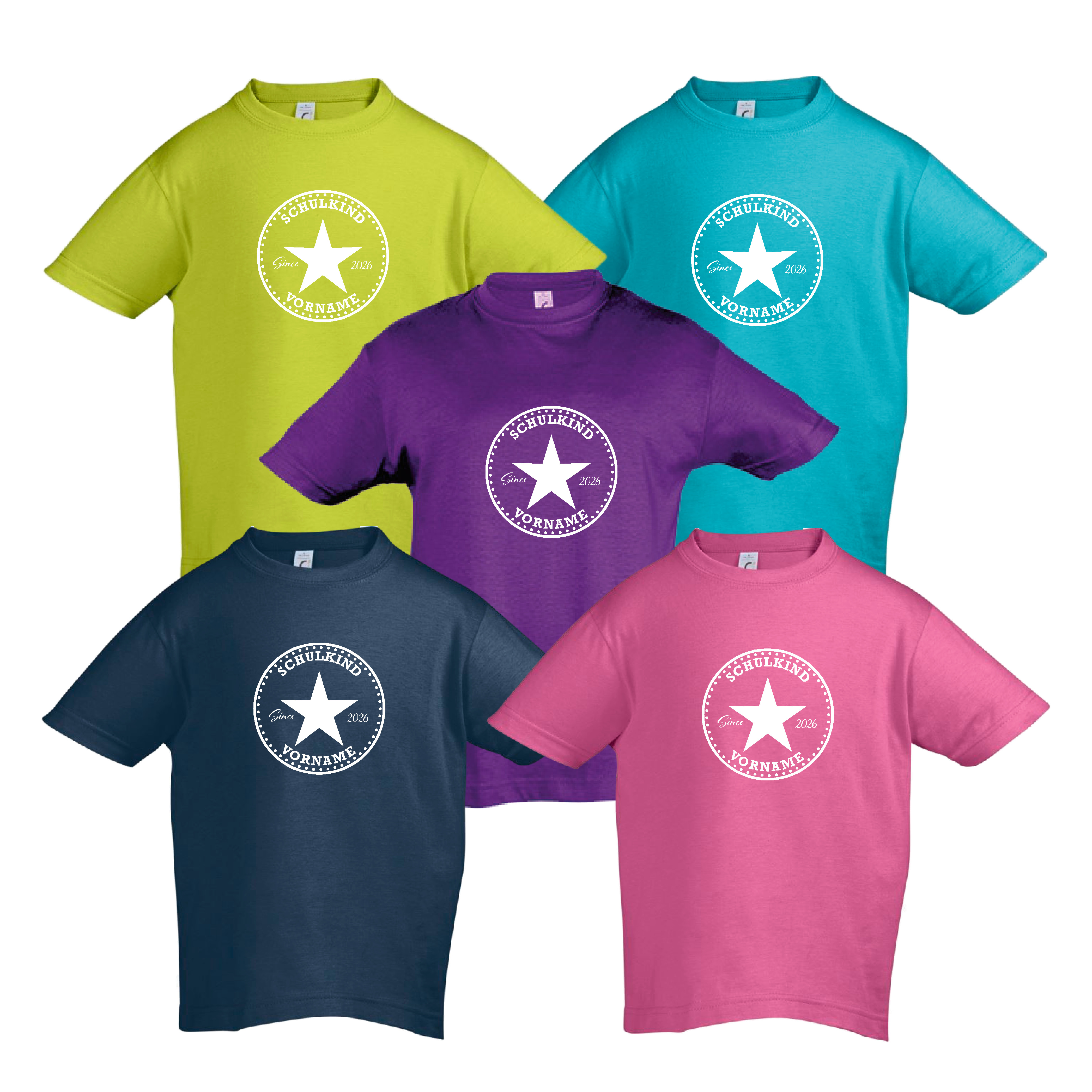 T-Shirt Kinder "Schulkind-Stern-Jahreszahl-Vorname", Aufdruck weiß,