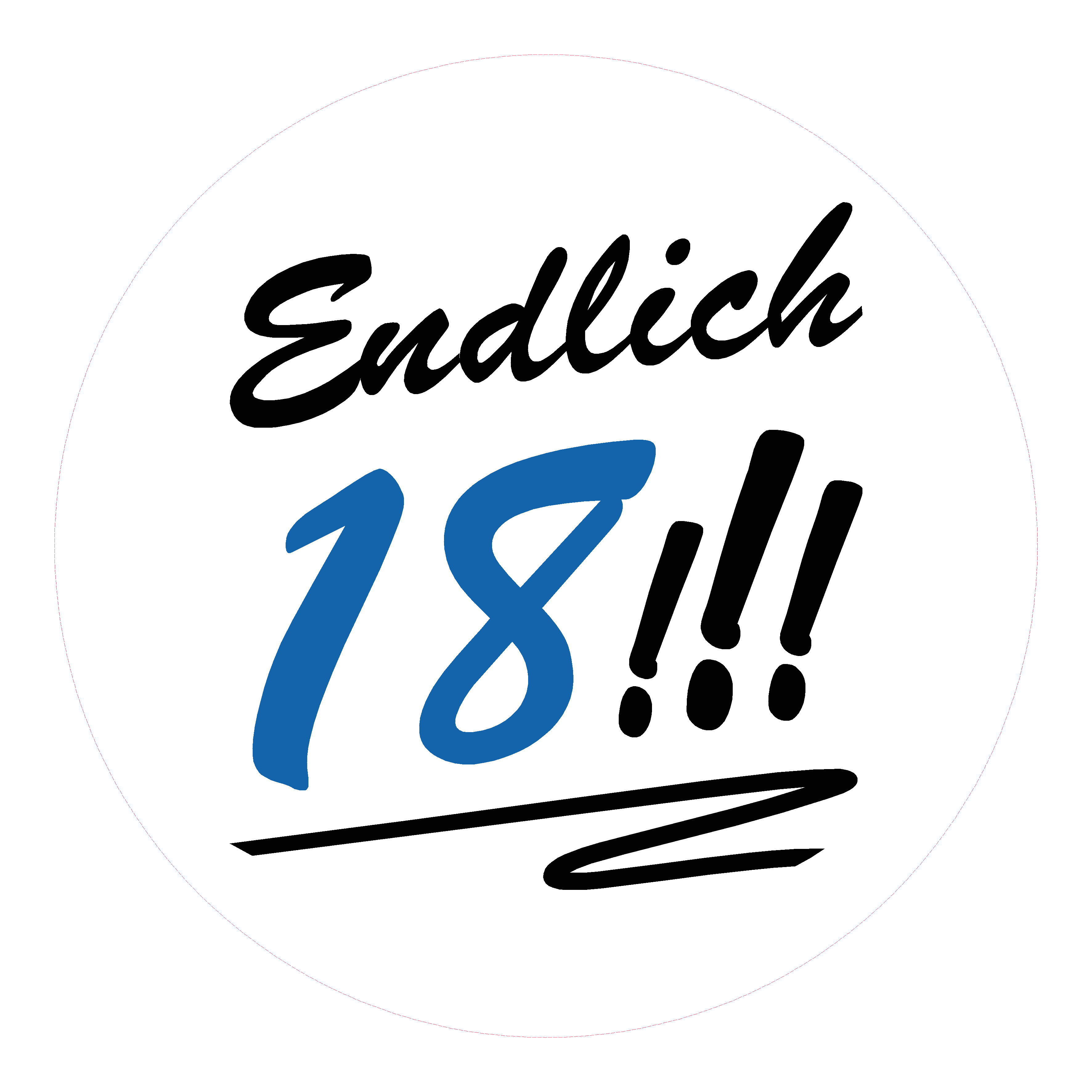 54 Stk. Aufkleber "Endlich 18!!!", rund 3 cm, blau