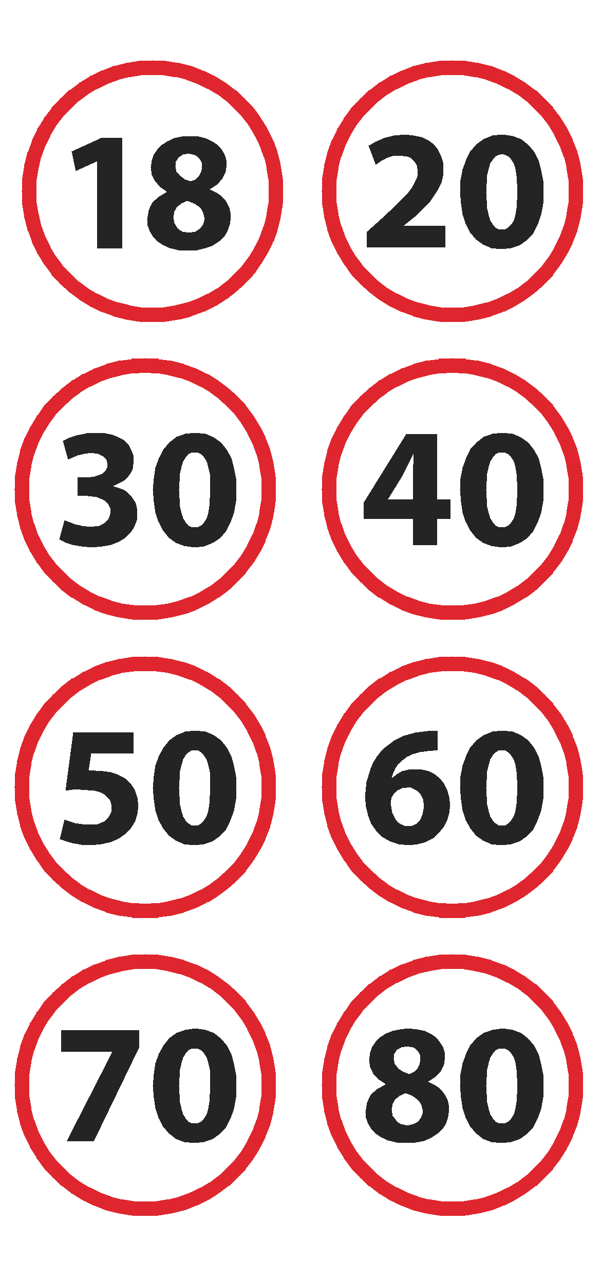 54 Stk. Aufkleber "18, 20, 30, 40, 50, 60, 70, 80", Geburtstag, Verkehrsschild, rund 3 cm