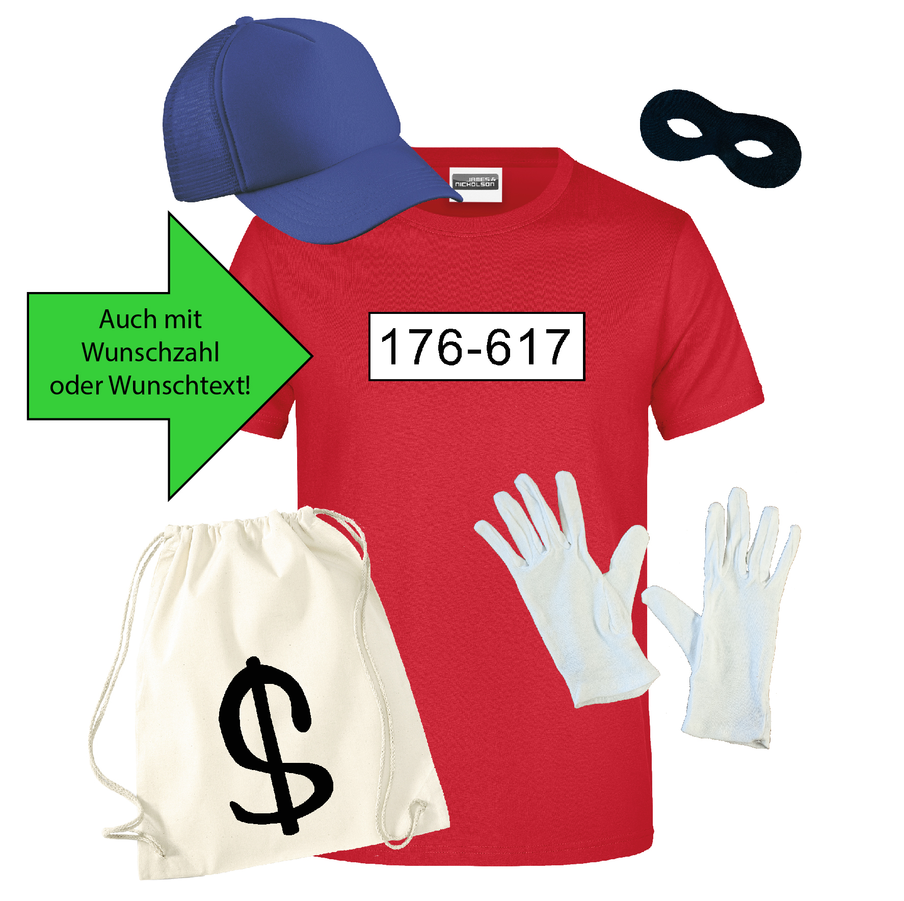 Kostüm "Panzerknacker" Sweatshirt, Cap, Maske, Handschuhe, Beutel Standard-Nummer 3XL