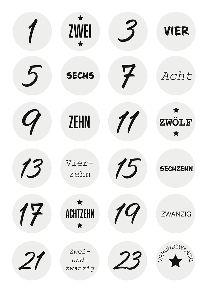 24 Stk. Aufkleber | Adventskalender-Zahlen | rund 4 cm | grau