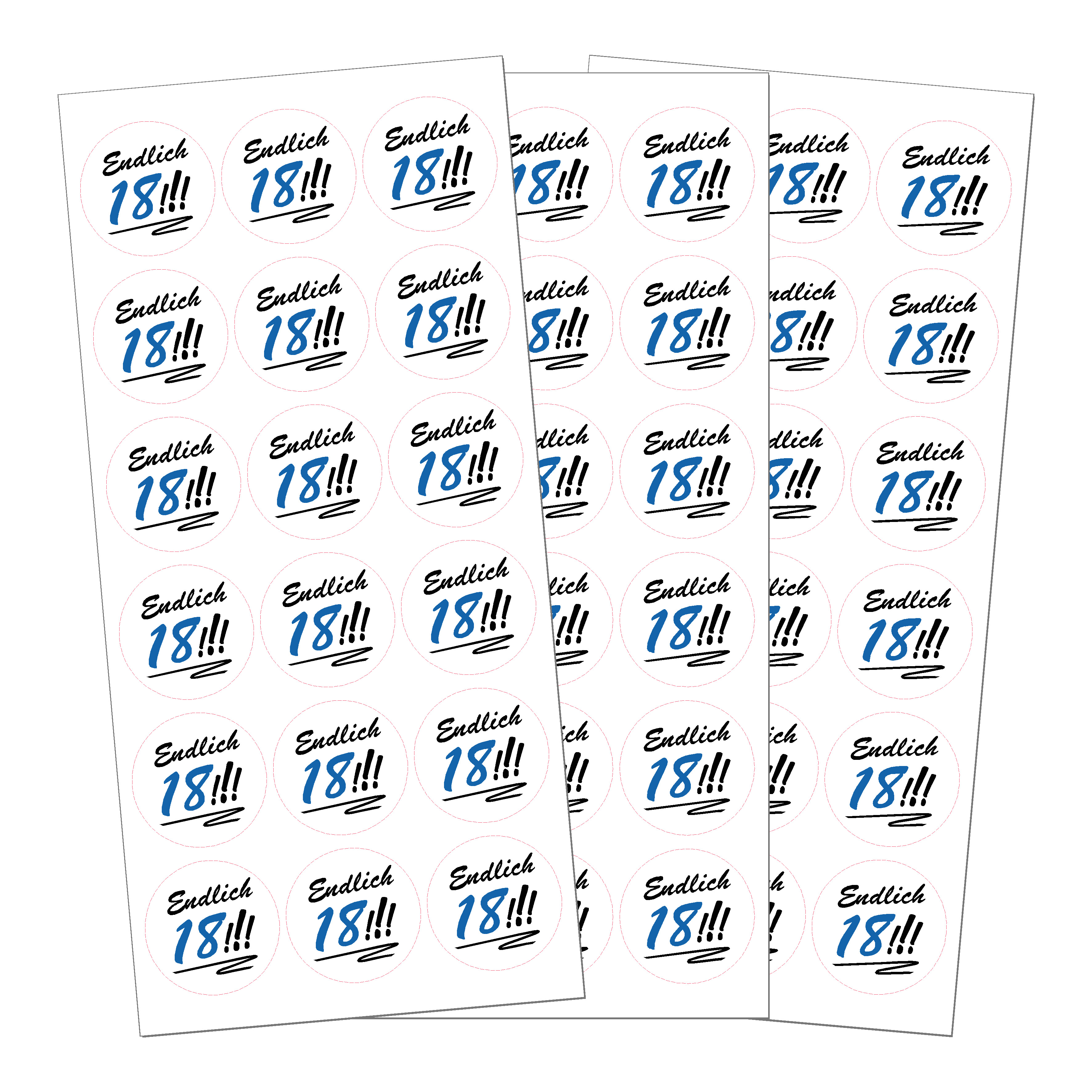 54 Stk. Aufkleber "Endlich 18!!!", rund 3 cm, blau