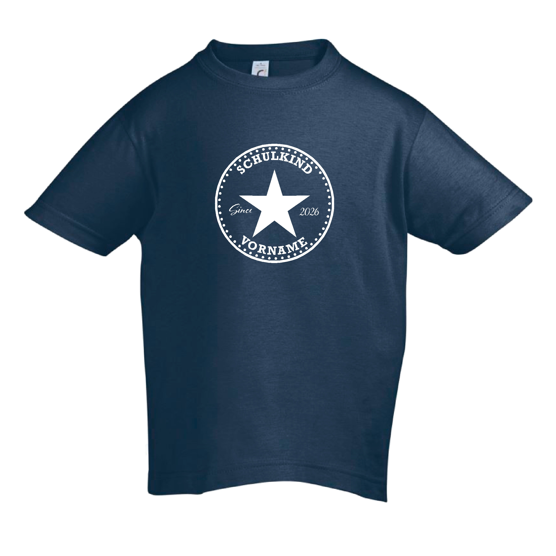 T-Shirt Kinder "Schulkind-Stern-Jahreszahl-Vorname", Aufdruck weiß,