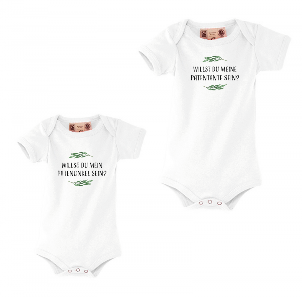 Baby-Body "Willst du meine Patentante (Patenonkel) sein?" aus Bio Baumwolle, Blätter