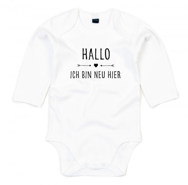 Baby-Body "Hallo - ich bin neu hier" aus 100 % Bio Baumwolle, langwarm, weiß